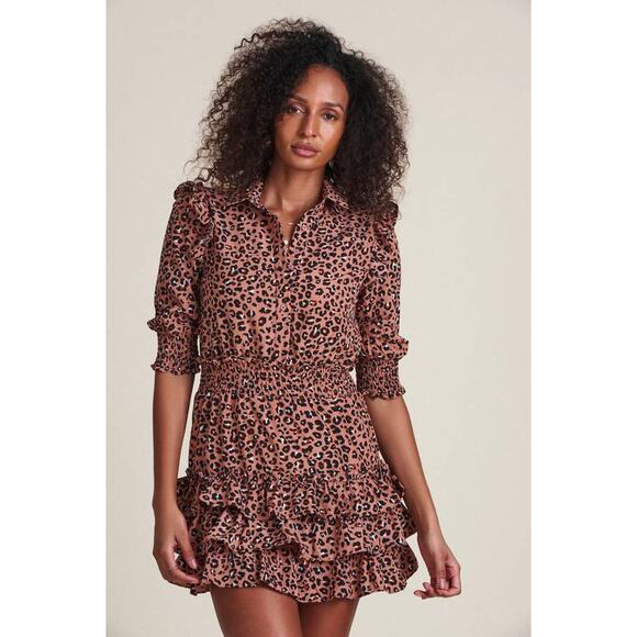THE SHIRT Taylor 3/4 Sleeve Tiered Mini Dress Blush Leopard TS21W8012BL Medium M - Picture 1 of 6